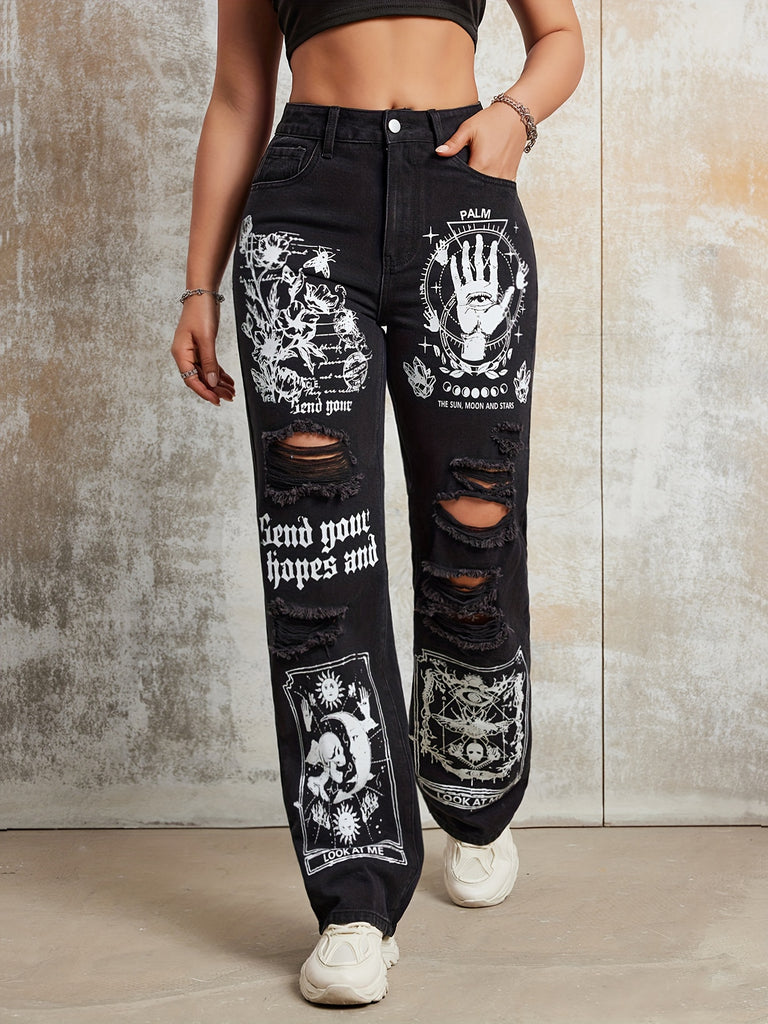 Y2K High Waist Straight Leg Pants with Cartoon Pattern Print