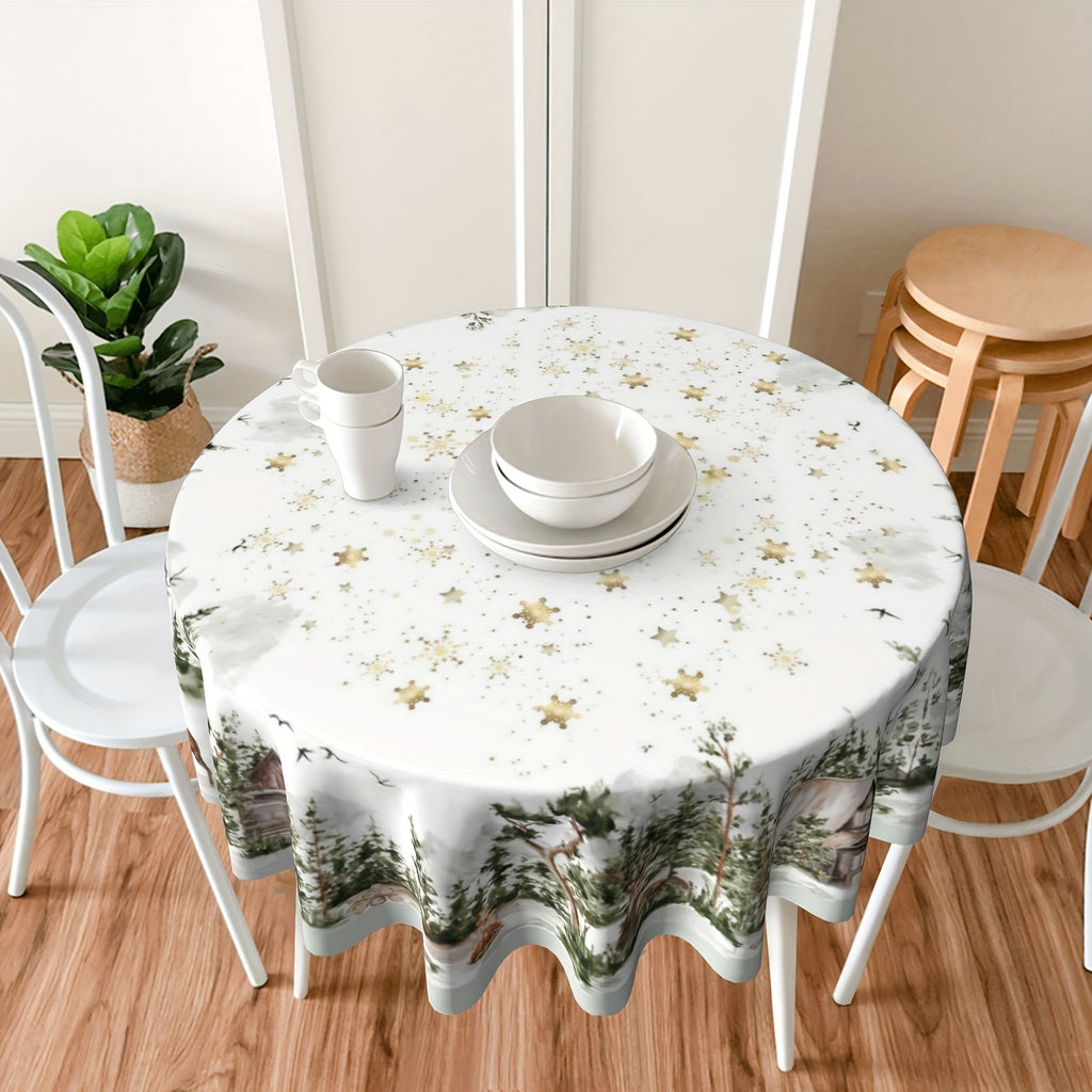 Christmas-Themed Polyester Tablecloth - Golden Stars, Snowflakes & Forest Deer Design | Perfect for Holiday Dining & Picnics