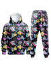 1set Retro 80s 90s Men'S Tracksuit - Casual Polyester Hoodie and Sweatpants Set, Long Sleeve, Knit Printed Jogging Suit for Spring/Autumn