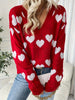 Heart Pattern V Neck Eyelet Sweater, Casual Drop Shoulder Long Sleeve Sweater For Fall & Winter, Women's Clothing