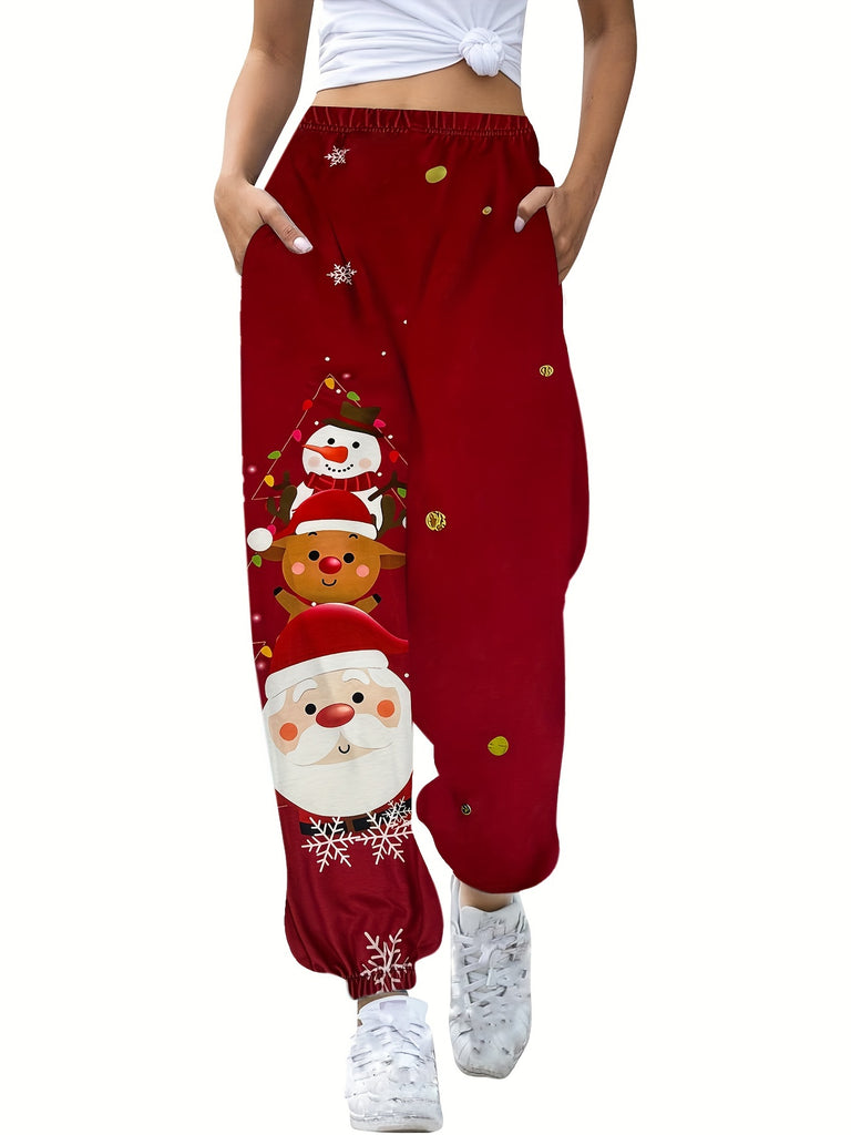 Christmas Print Elastic Waist Sweatpants, Casual Slant Pocket Fitted Bottom Pants For Fall & Winter, Women's Clothing