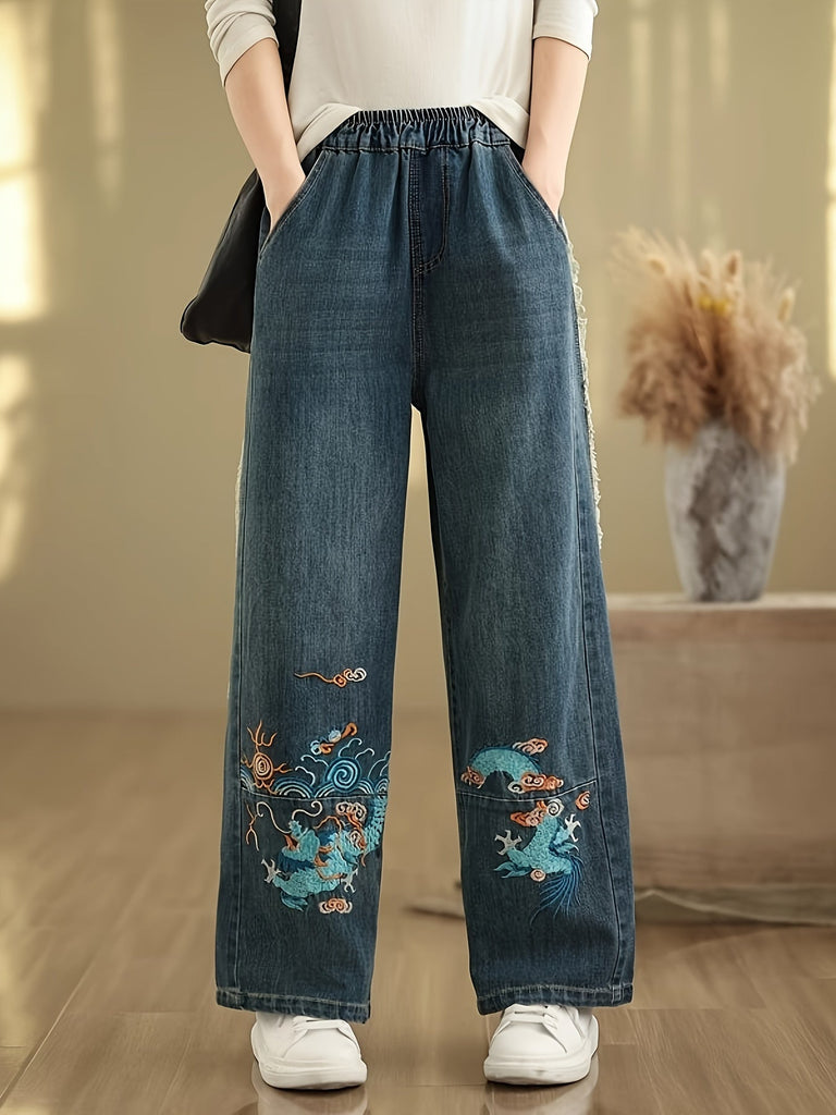 Casual Dragon Embroidery Baggy Jeans For Women - Soft, Comfortable, Versatile, Flattering And Casual Straight Leg Baggy Pants For Everyday Wear, Practical Pockets