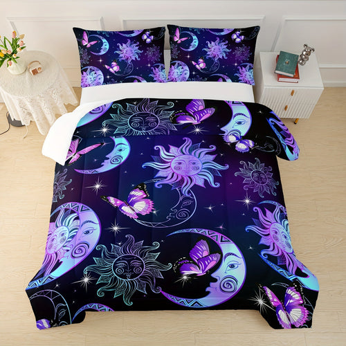Sun And Moon Comforter Set, Butterfly And Star Bedding Set, 3D Printed Bohemian Gothic Duvet With 2 Pillowcases