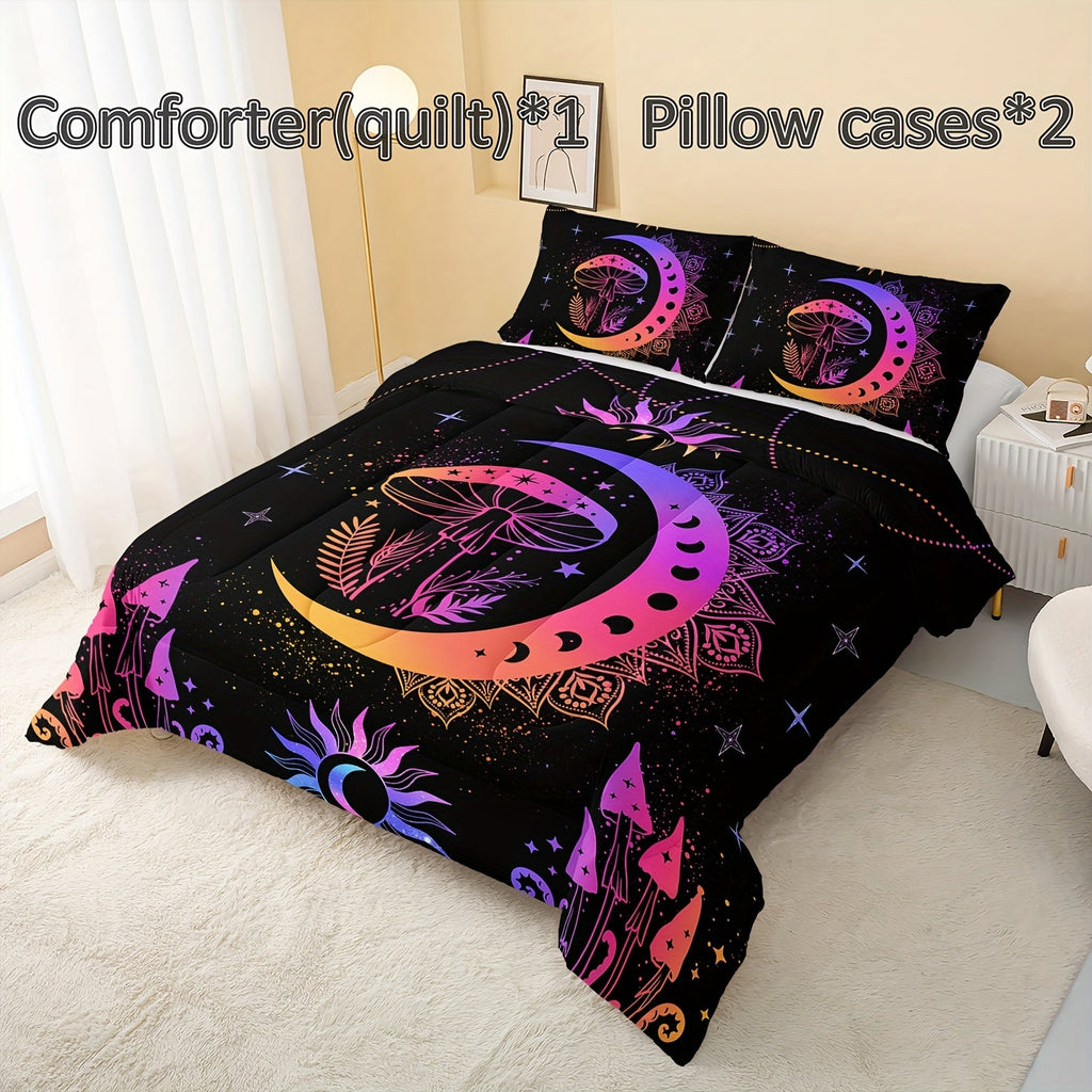 3Pcs Sun And Moon Bedding Set, Mushroom Comforter Set Boho Exotic Style Bedding Set Cosmic Planets, Bohemian Bedding Astrology Comforter For Adults Women, 1 Quilt 2 Pillowcases, Black (Without Core)