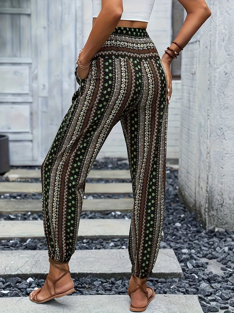 Chic Tribal Print Boho Jogger Pants - Fashionable High Waist, Comfortable Loose Fit with Eye-Catching Buttons - Perfect for Spring & Summer - Womens Bohemian Style Clothing