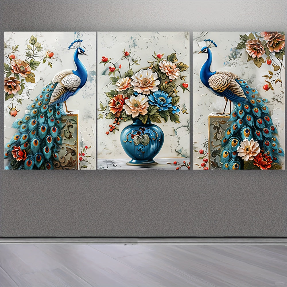 3 Piece Canvas Wall Art Set - Peacock with Floral Vase Print - Unframed High-Quality Canvas Painting - Frameless Wall Decoration for Living Room, Bedroom, Office, Cafe - Peacock Theme Wall Decor 24x16 inches