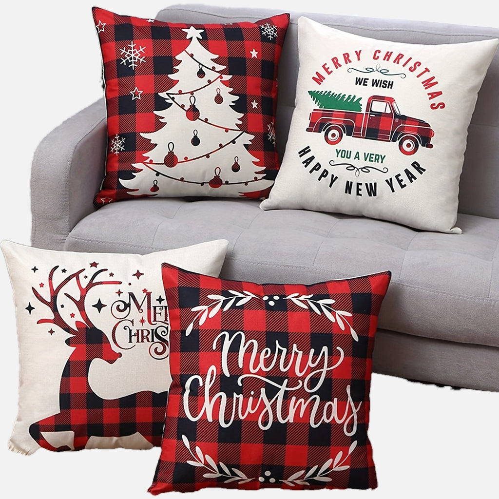 4pcs, Christmas Linen Blend Throw Pillow Case, Deer Snow Square Cushion Case, Decorative Pillow Cover For Living Room Bedroom Couch Sofa, Home Decor Room Decor Party Decor Single-Sided Printed (No Pillow Insert)