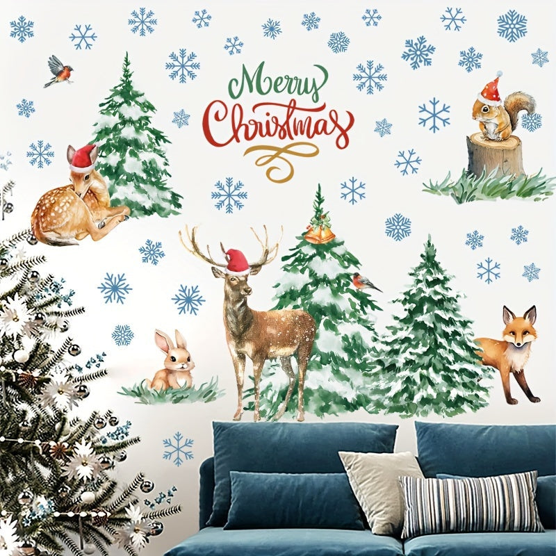 Classic Christmas Wall Stickers 50pcs Set - Watercolor Animals & Snowflakes, PVC Semi-Matte Finish, Self-Adhesive Decals for Glass & Multiple Surfaces, Single-Use Festive Wall Decor