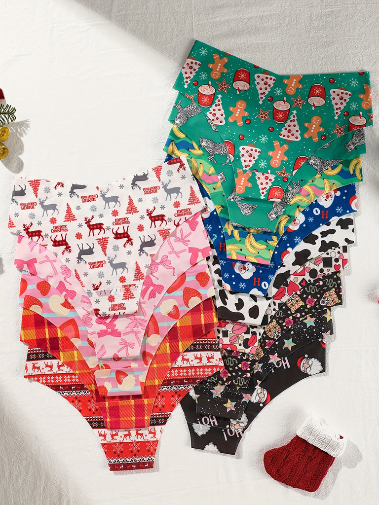 14pcs new Christmas-themed fashionable Women's underwear with full-print Santa Claus, Santa hat, elk, Christmas tree, gingerbread for Man, snowflake plaid, and various patterns. Colorful triangle underwear that is slim, simple, comfortable, and traceless.