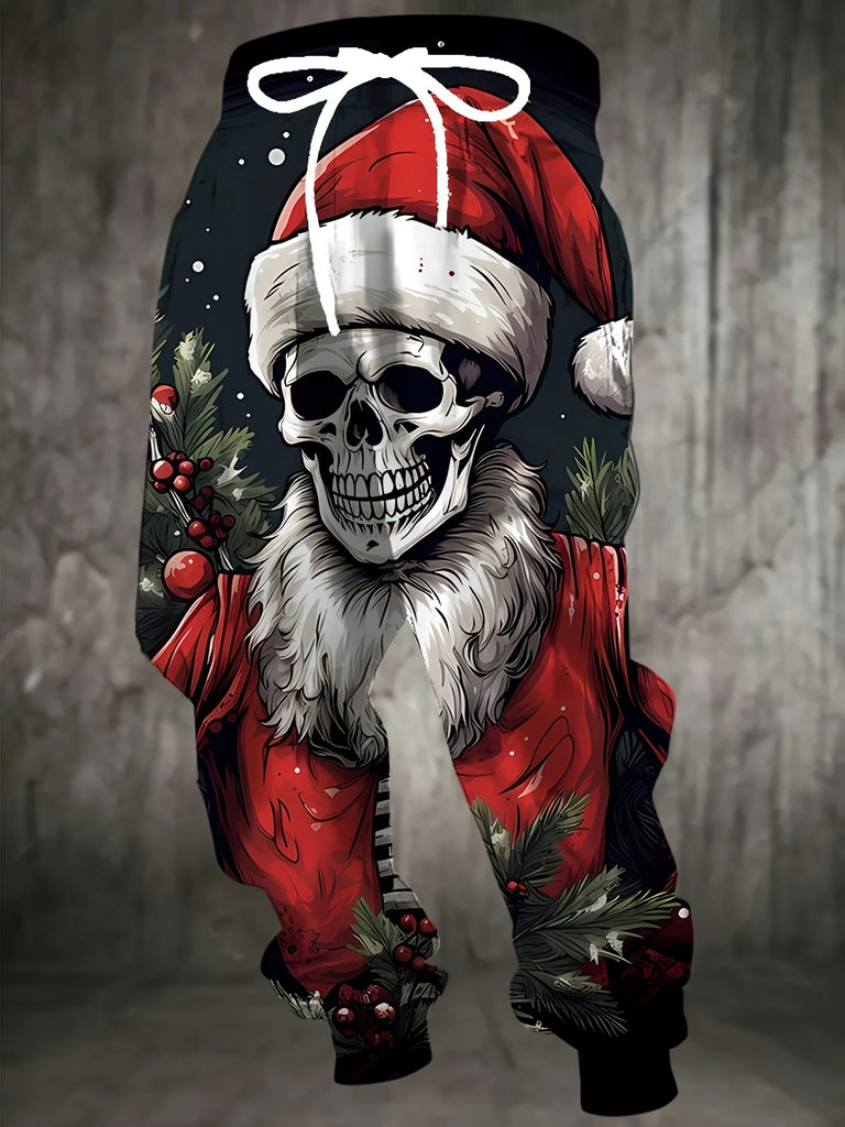 Men'S Fashion 3D Christmas Santa Skull Print Casual Polyester Sweatpants with Drawstring and Pockets - Slight Stretch Knit Fabric Regular Fit Joggers