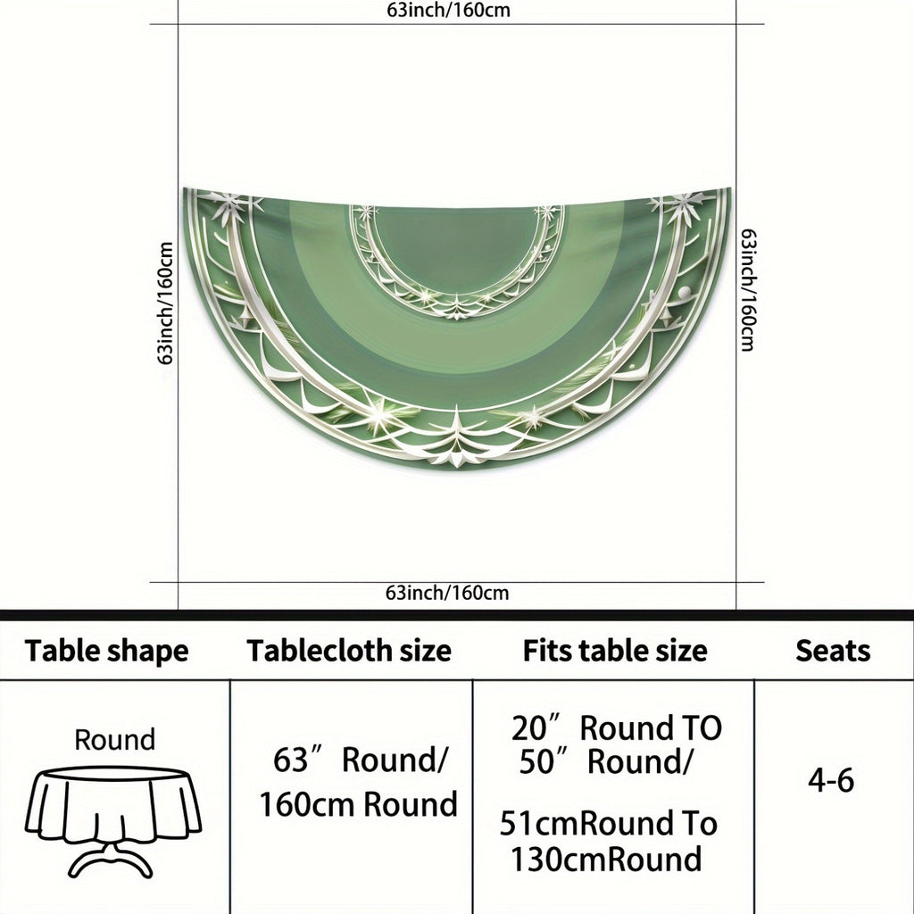 Graphic Green Christmas Round Tablecloth with White Border Pattern, 100% Polyester, Machine-Made Woven Table Cover, Fits 20"-51" Tables, Seats 4-6, Versatile for Outdoor BBQ & Picnic, 63" Diameter