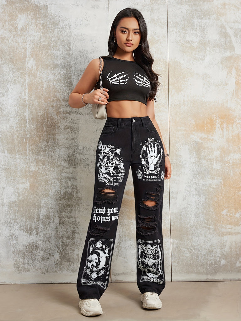 Y2K High Waist Straight Leg Pants with Cartoon Pattern Print