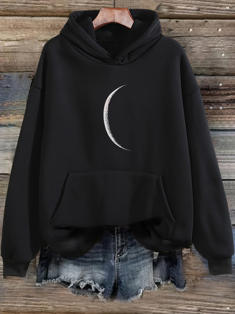 Moon Print Kangaroo Pocket Hoodie, Casual Long Sleeve Drawstring Hooded Sweatshirt, Women's Clothing