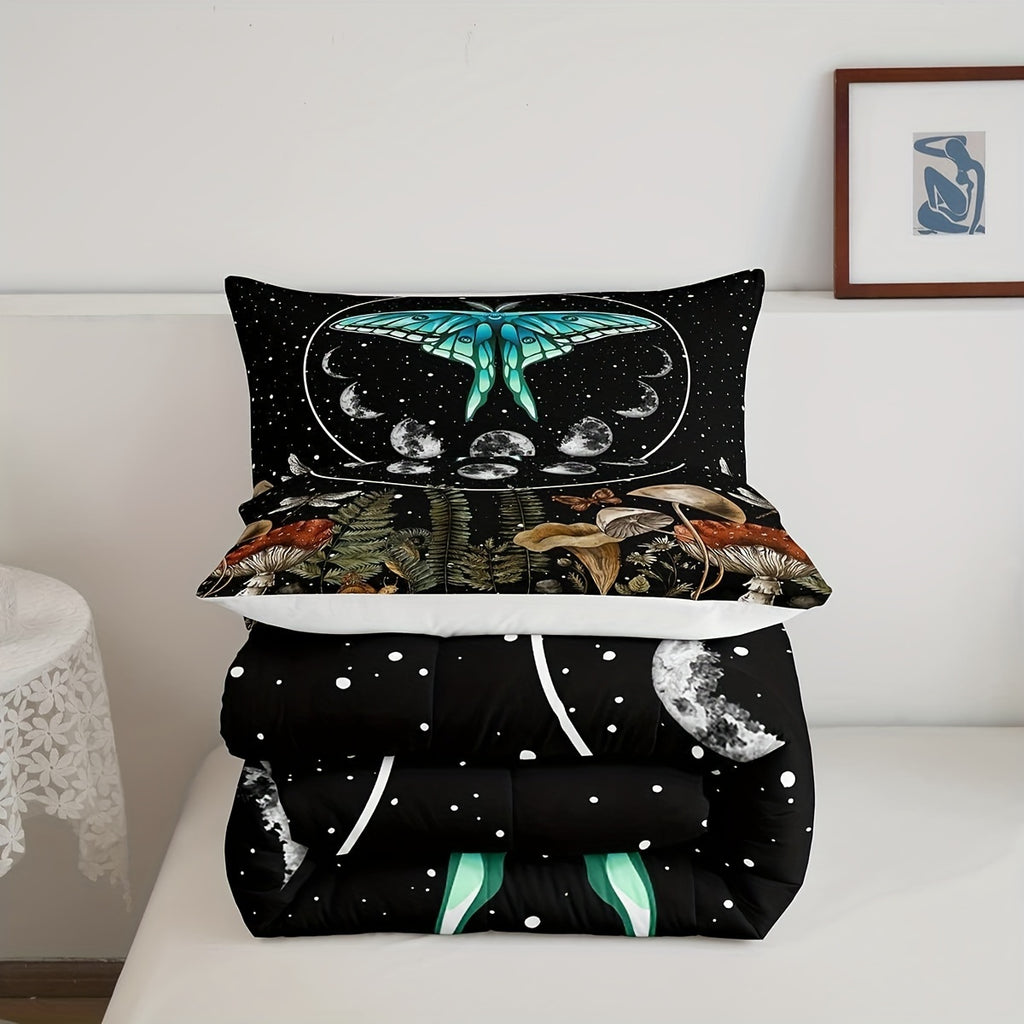 Blue Moth Bedding Sets, Boho Sun And Moon Comforter Set Hippy Mushroom Duvet Bohemian Butterfly Dragonfly Comforter, Wild Animal Quilt Set Mystic Starry Night Bedroom Decor, Black