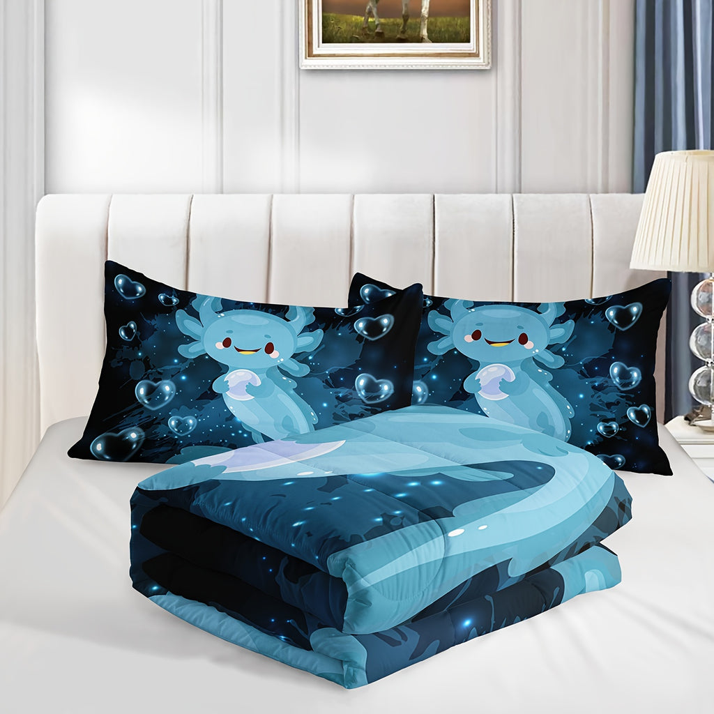 3pcs Modern Fashion Polyester Comforter Set (1*Comforter + 2*Pillowcase, Without Core), Dreamy Blue Axolotl Print Bedding Set, Soft Comfortable And Skin-friendly Comforter For Bedroom, Guest Room