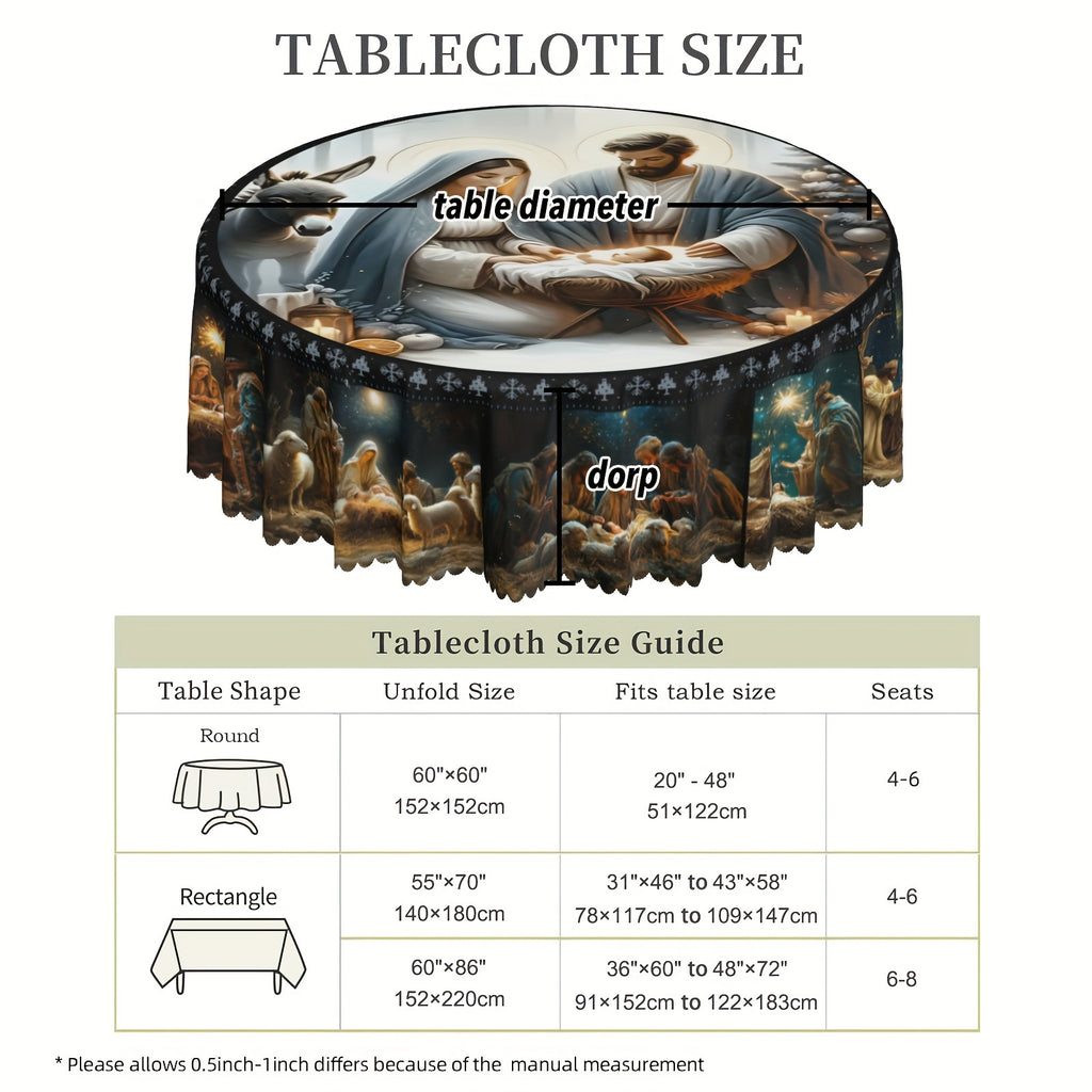 Polyester Tablecloth with Embossed Nativity Scene – 1 Piece, Round/Rectangle, Stain-Resistant, for Kitchen, Dining & Coffee Tables, Holiday Parties & Outdoor Picnics, Ideal for Christmas, Baptisms, Confirmations & Communion Decor