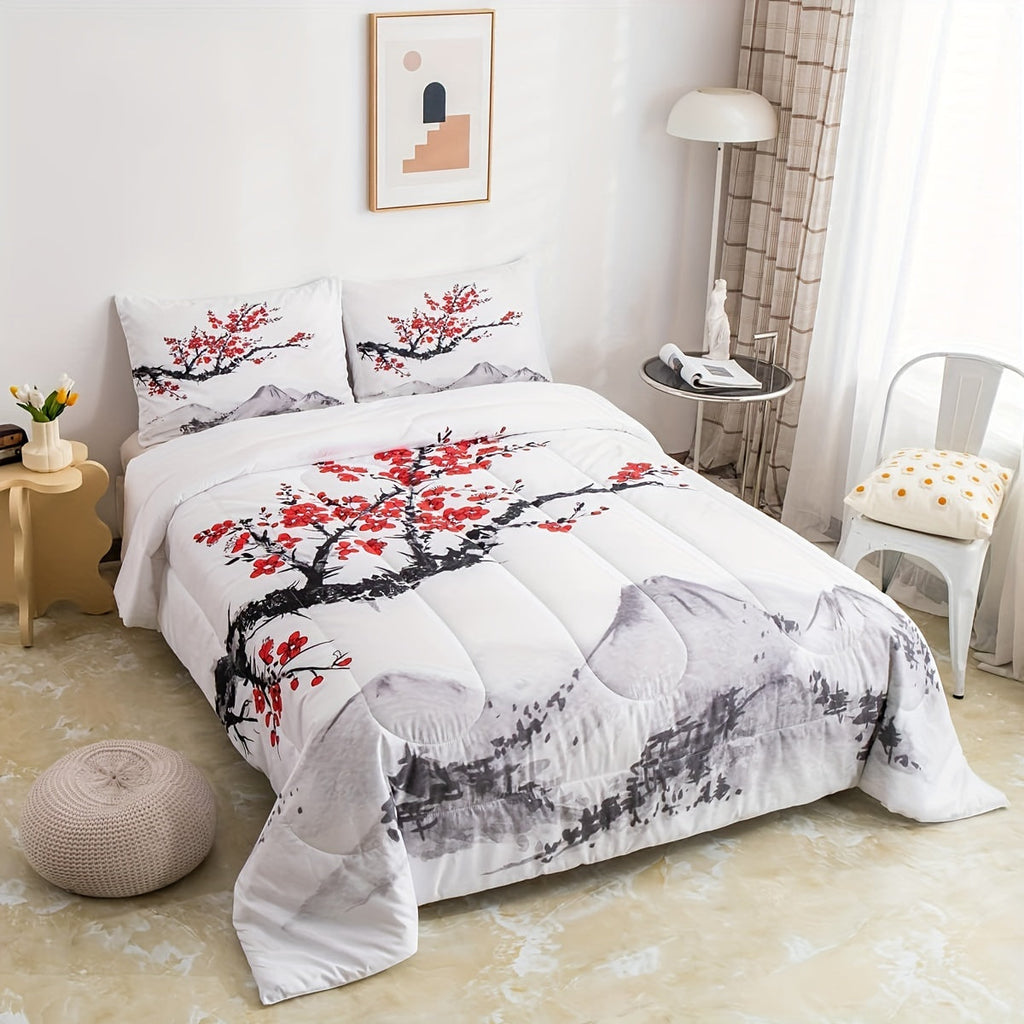 Japanese-Style Comforter Set Red Cherry Blossoms Printed Comforter, Mount Fuji Pattern Quilted Duvet Ink Painting Black White Stylish Duvet Insert, Asian Oriental Bedding Set Twin/ Full/ Queen/ King