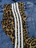 Women's High-Waisted Denim Wide-Leg Pants with Leopard Print And Stripe Side Panels