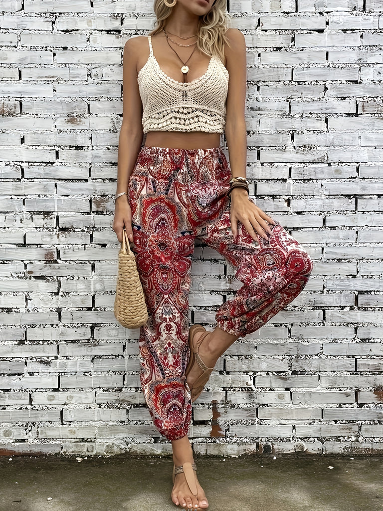 Women's High Waist Shirred Pants - Plant Print, Casual, Comfortable, Spring and Summer Essential, Elastic Waistband, Relaxed Fit