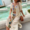 Hook Flower Stitching Irregular Slit Sun Protection Beach V-neck Dress