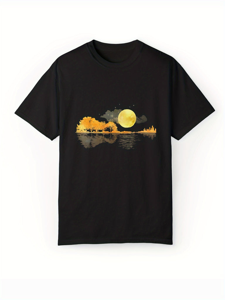 Moon Patterned Cotton T-shirt, Men's Casual Street Style Elastic Round Neck T-shirt For Summer
