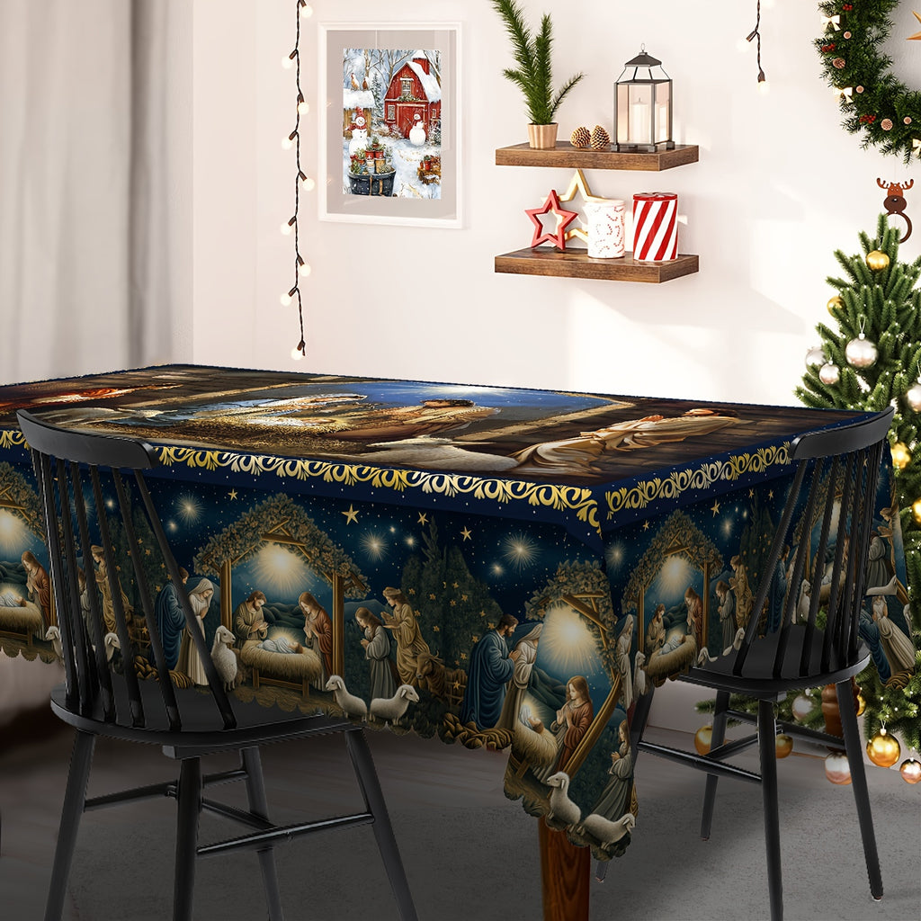 Festive Christmas Tablecloth: The Birth of Jesus Design, Polyester, Waterproof, Wrinkle Resistant, Machine Washable, Scalloped Edge, Suitable for Xmas Party, Picnic, Cafe, Home