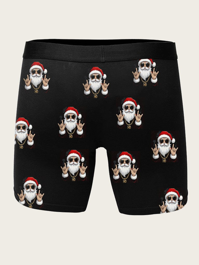 1pc Festive Men'S Boxer Briefs, Christmas Hip-Hop Santa Print, Novelty Casual Underwear, High Stretch Polyester with Spandex Lining, Funny Cartoon Pattern, No Waistband, Holiday Gift Essentials