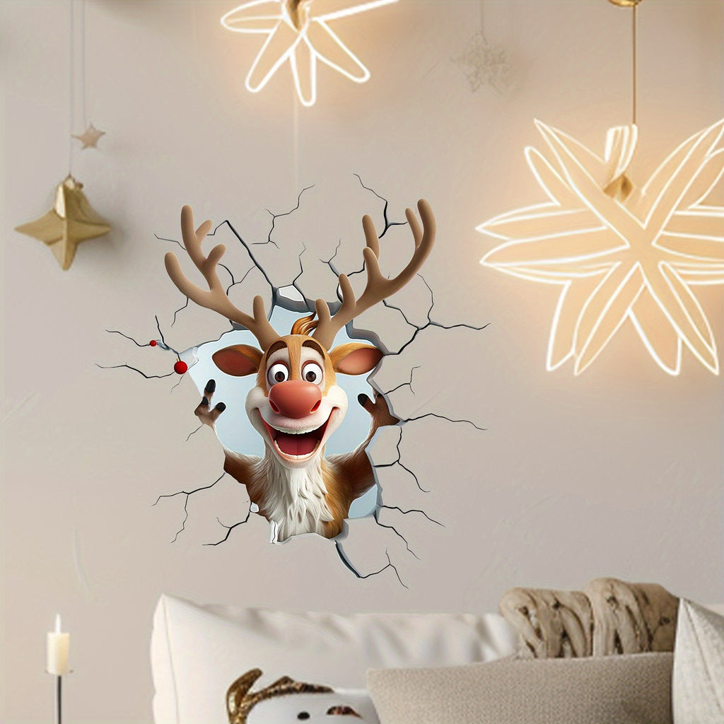 Modern 3D Reindeer Wall Sticker - Cartoon Pattern, Self-Adhesive, Reusable, Irregular Shape, Multi-Surface Mount, Plastic, No Electricity or Battery Needed, Ideal for Christmas Home Decor