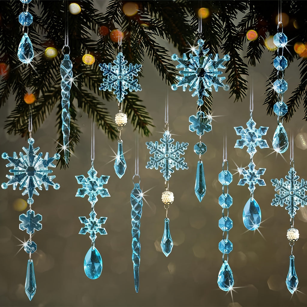 18pcs Christmas Ornament Set - Acrylic Snowflakes & Icicles with Crystal Pendants, Shimmering Light Blue, No Power Needed - Perfect for Tree Decoration, Holiday Parties & Seasonal Celebrations