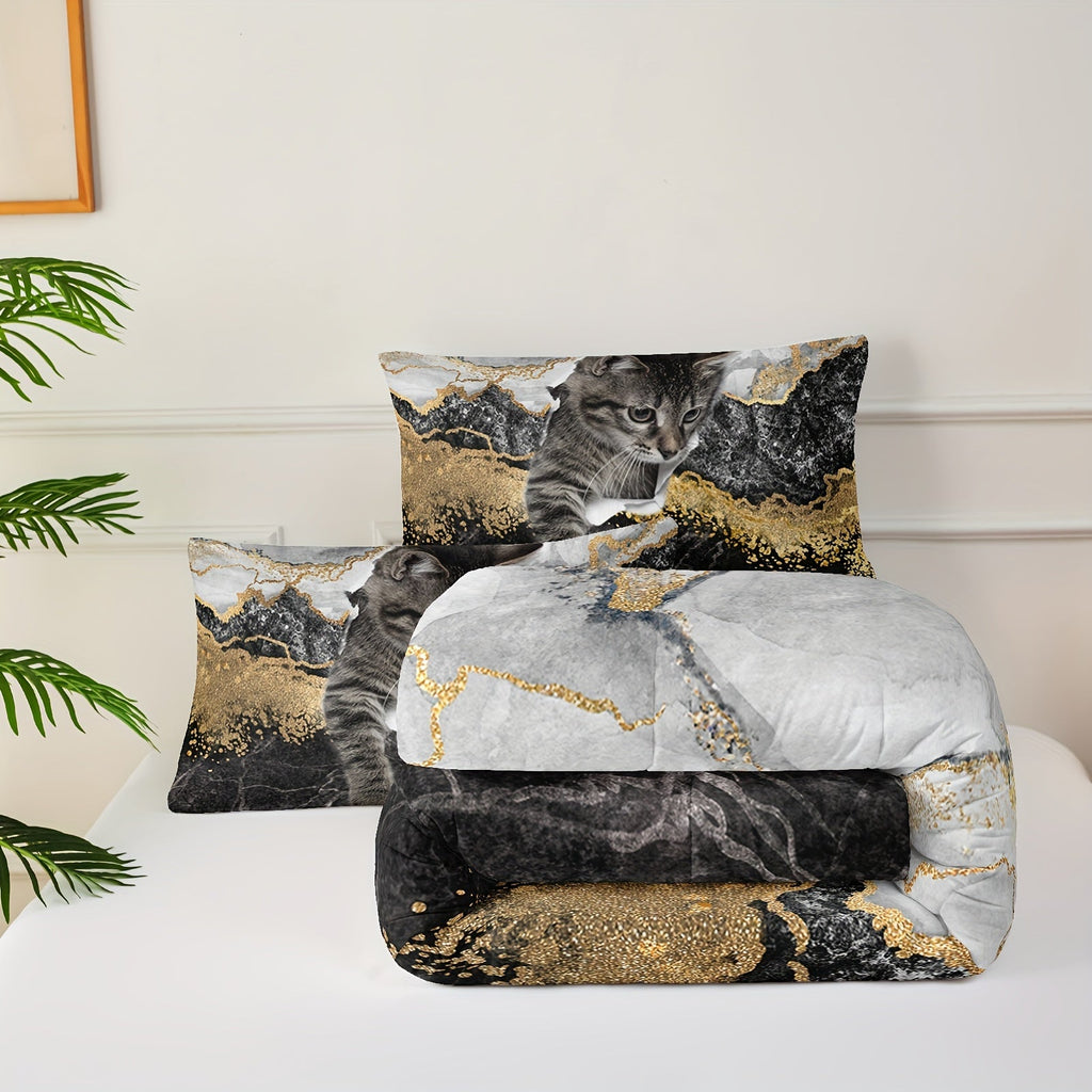 Marble Comforter Set, Black Golden Marble Quilt Set, Watercolor Marble Print Duvet, Cute Cat Quilt Set, Pet Cat Fluffy Bedding Set, Cat And Marble Pattern Bedding Set, Animals Comforter Set