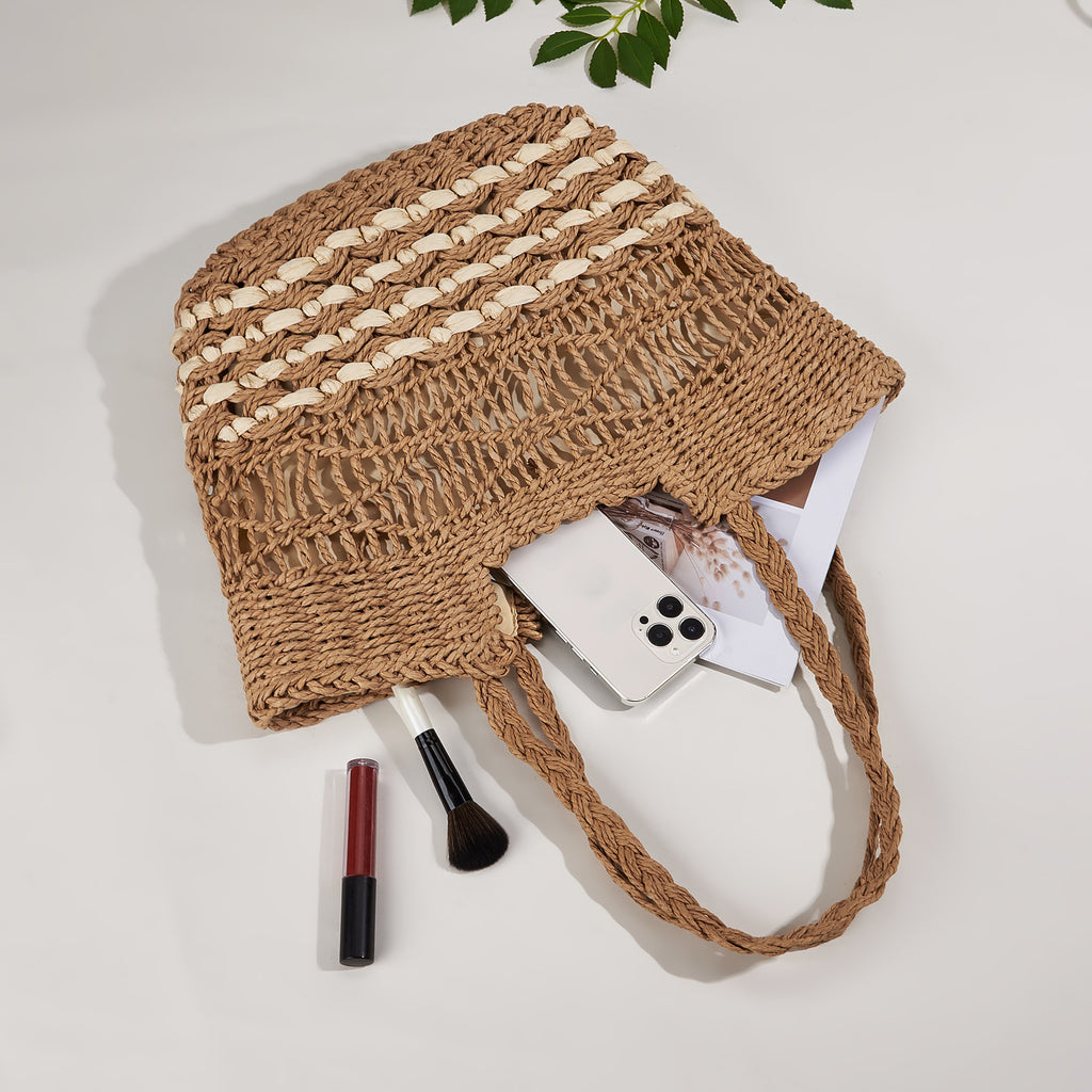 Hollow Pattern Straw Handbag Beach Shoulder Woven Bag