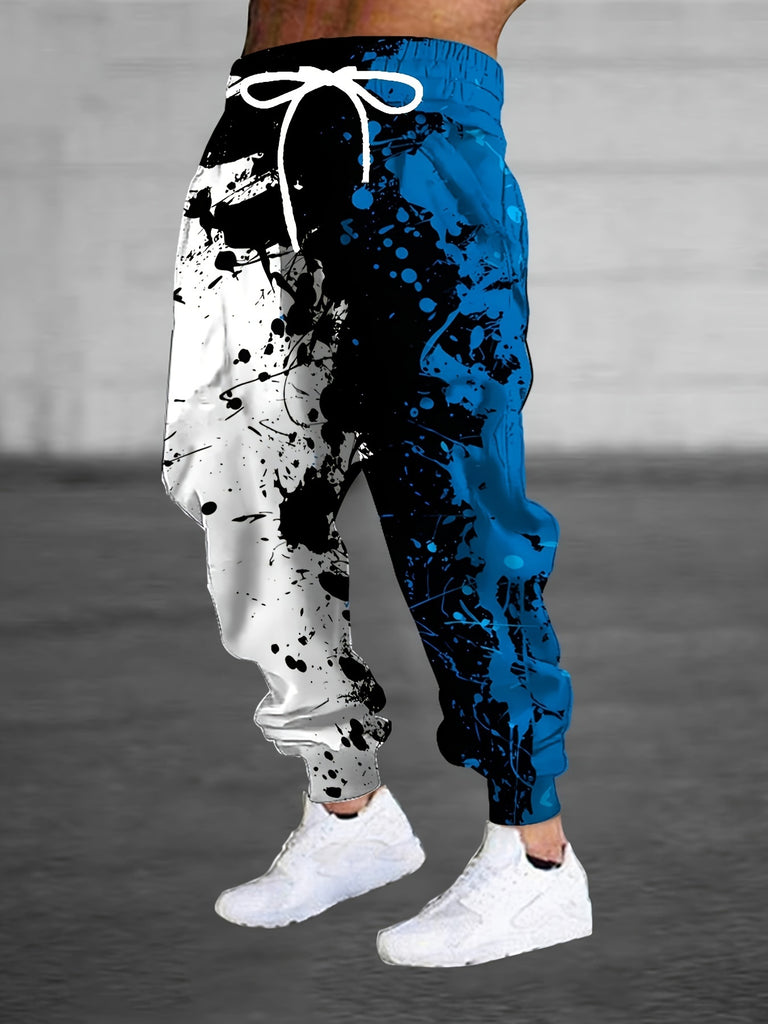 Men's Color Blocking Ink Splashing Print Jogger Pants with Drawstrings, Casual Sports Trousers As Gift