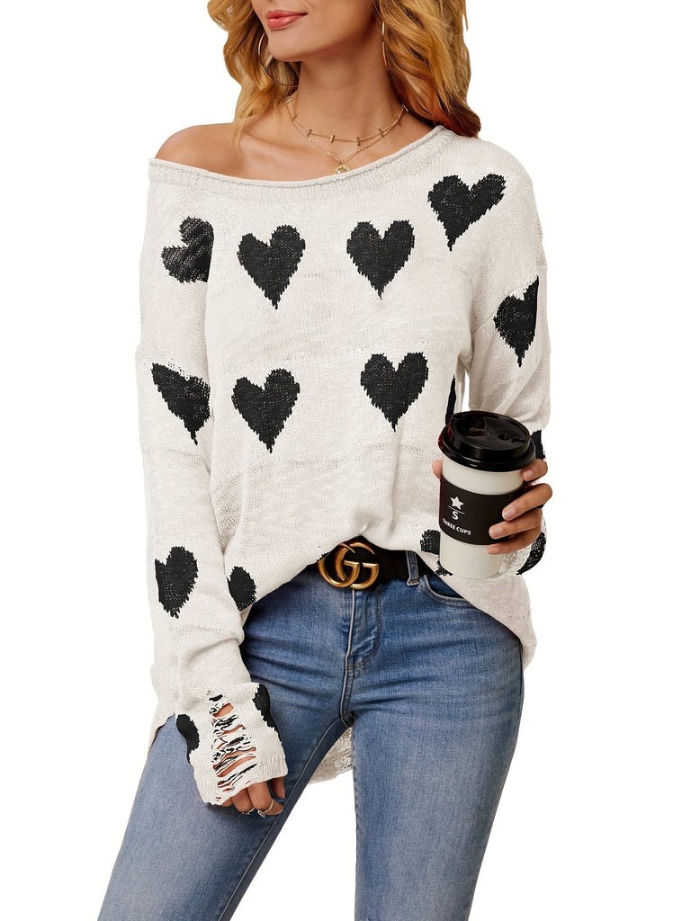 Hearts Print Crew Neck Pullover Sweater, Sexy Baggy Long Sleeve Ribbed Knitted Sweater For Fall & Spring, Women's Clothing