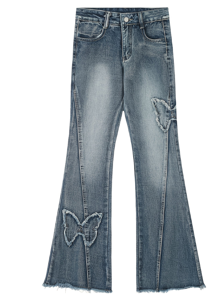 Vintage-Inspired High-Waist Flare Jeans for Women - Stretchy Cotton Blend with Butterfly Embroidery, Perfect for Spring/Fall