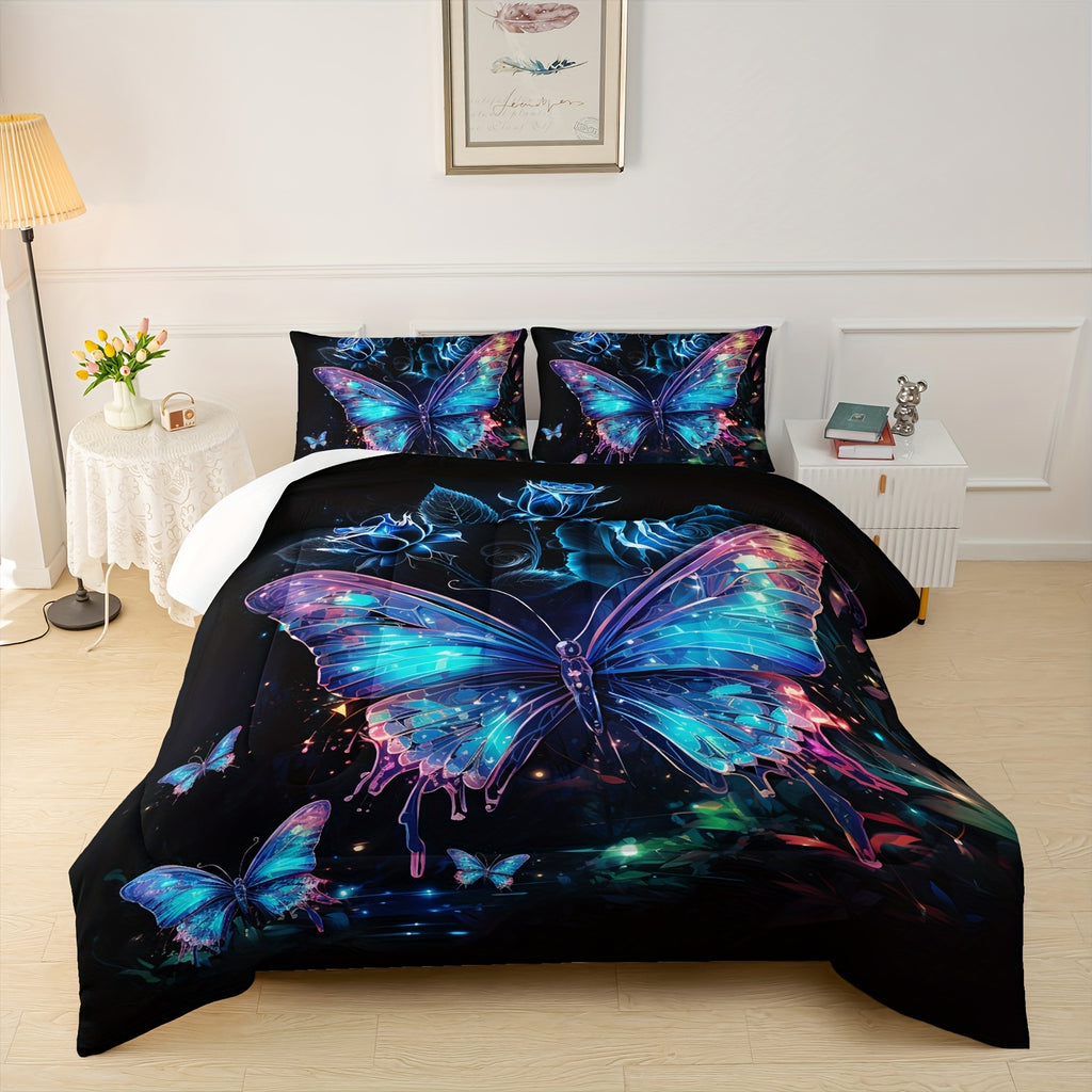 3Pcs Modern Fashion Polyester Comforter Set (1 * Comforter + 2 * Pillowcases, Pillow Core Not Included), Boho Mandala Butterfly Print Bedding Set, Soft And Comfortable Skin-friendly Comforter For Bedroom, Guest Room.