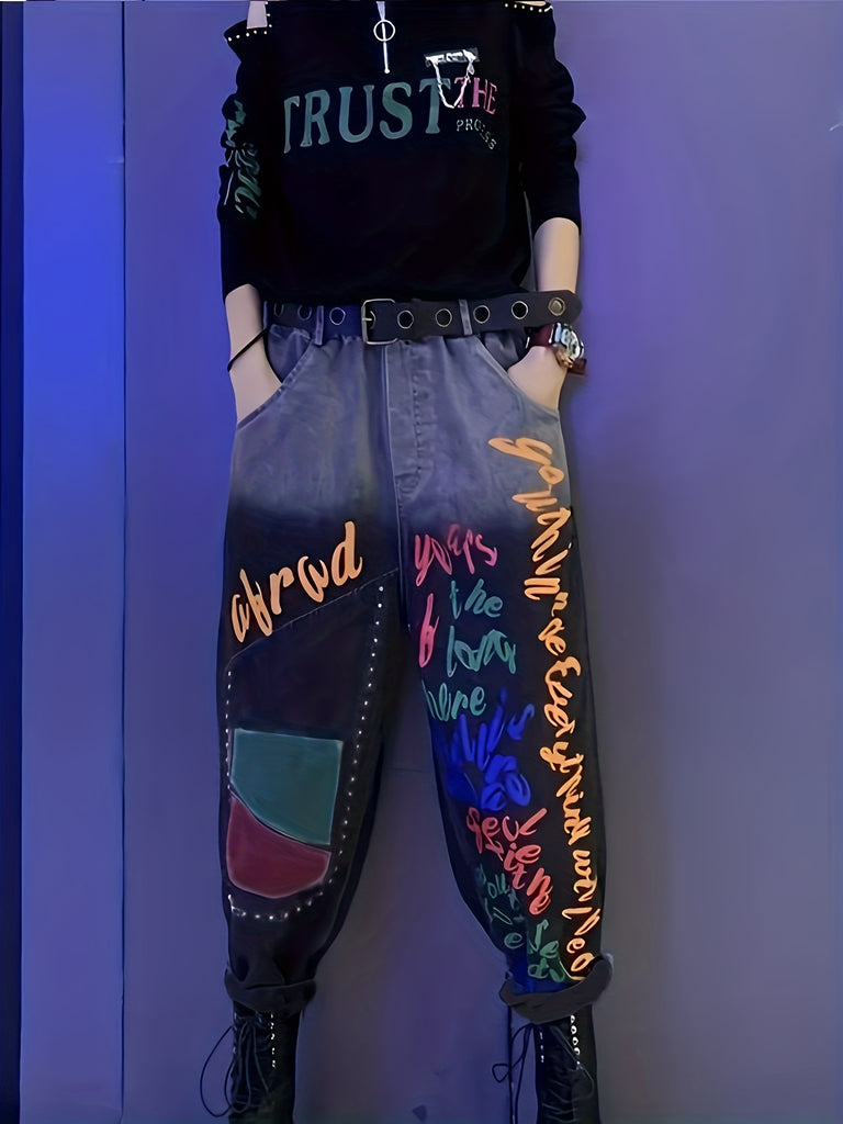 Women'S Vintage High Waist Graffiti Print Straight Leg Jeans - Denim Straight Pants with Washed Details, Polyester 15%, Cotton 85%, Non-Stretch Fabric, All-Season Wear