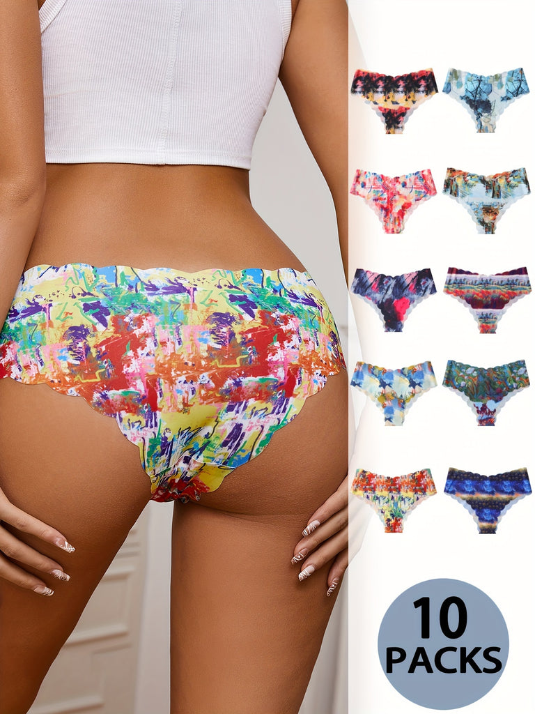 10pcs Seamless Painting Print Briefs - Bikinis with Comfy Breathable Stretchy Fabric, Women's Lingerie & Underwear for Everyday Comfort and Confidence