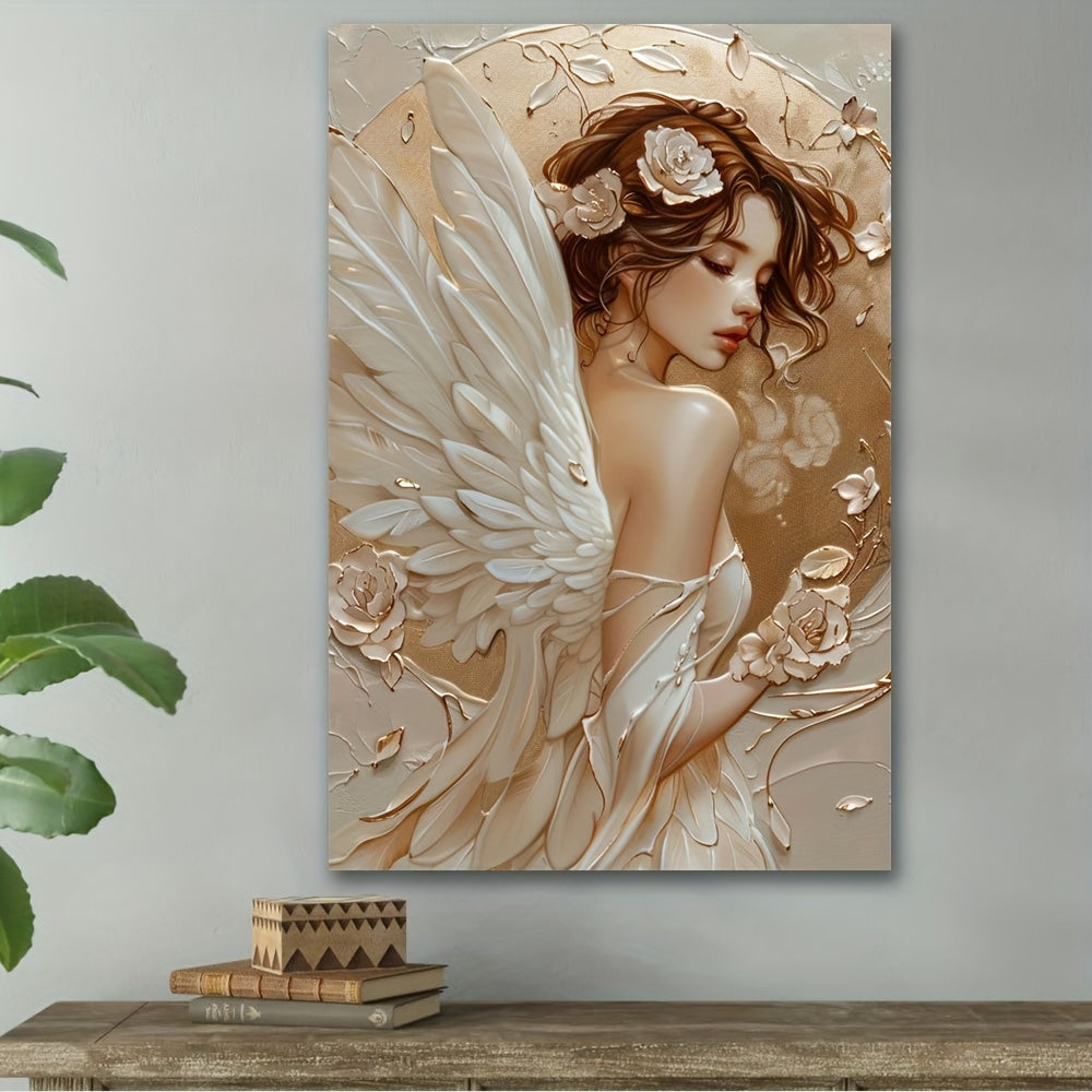 Modern White Angel & Floral Canvas Art Print - Abstract Oil Painting Poster, Perfect For Living Room Or Bedroom Decor, Unframed 15.7X23.6 Inches