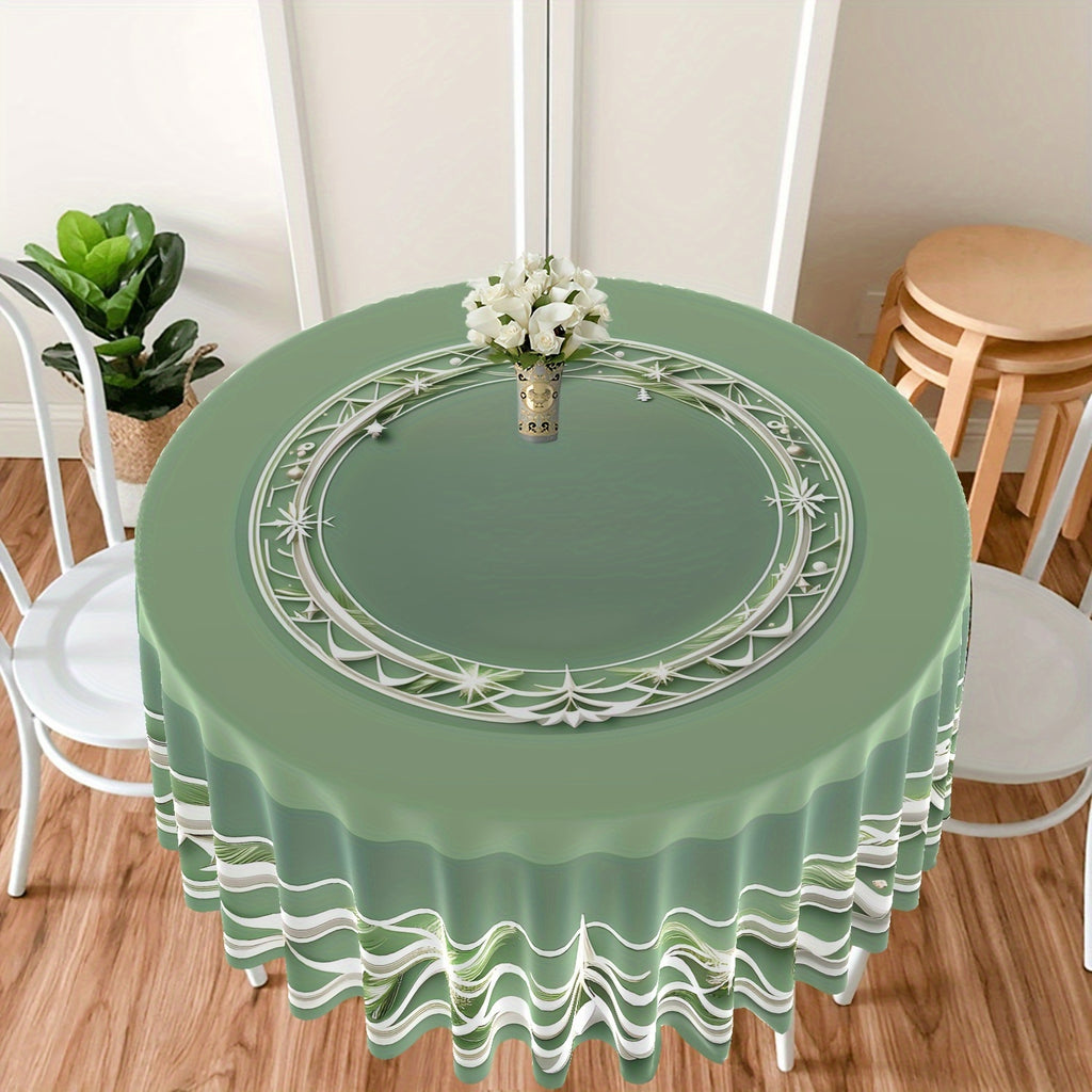 Graphic Green Christmas Round Tablecloth with White Border Pattern, 100% Polyester, Machine-Made Woven Table Cover, Fits 20"-51" Tables, Seats 4-6, Versatile for Outdoor BBQ & Picnic, 63" Diameter