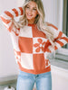 Check & Flower Pattern Crew Neck Sweater, Casual Long Sleeve Drop Shoulder Sweater For Fall & Winter, Women's Clothing