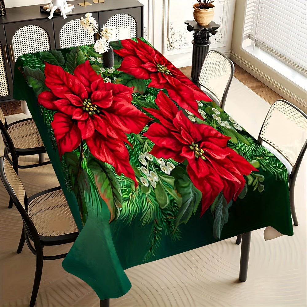 Festive Poinsettia Print Polyester Tablecloth - Square Christmas Table Cover, Stain & Wrinkle Resistant, for Indoor and Outdoor Dining Decoration