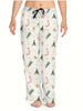 Women's Comfy Christmas Tree Print Wide-Leg Pants - Stretchy, Casual Sleepwear with Drawstring Waist, Machine Washable