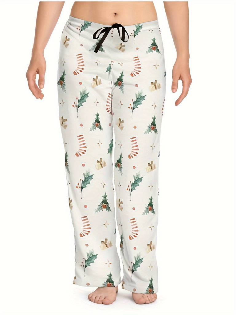 Women's Comfy Christmas Tree Print Wide-Leg Pants - Stretchy, Casual Sleepwear with Drawstring Waist, Machine Washable