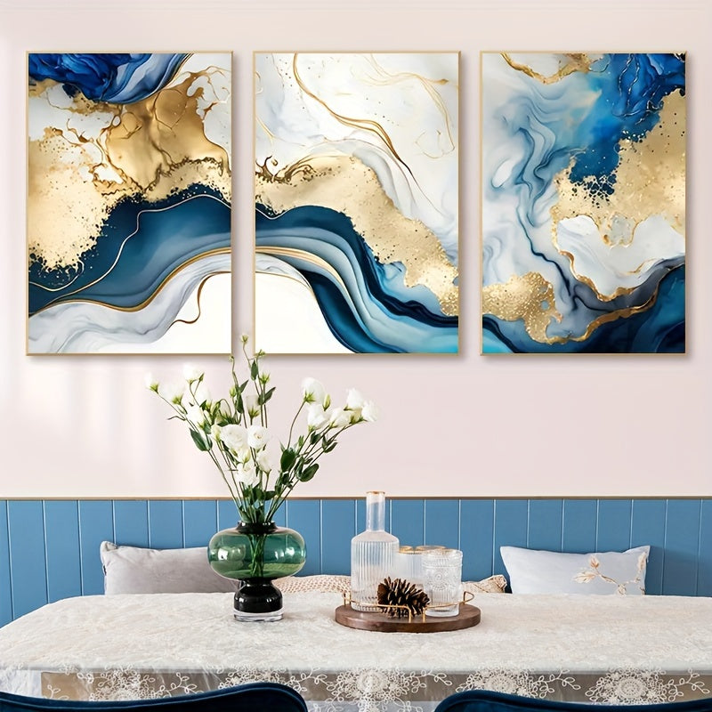 3-Piece Wooden Frame Modern Abstract Canvas Art Set - Blue Golden Hues Graphic Design - For Bedroom & Living Room Decor - Perfect Gift for Art Lovers & Home Decor Enthusiasts