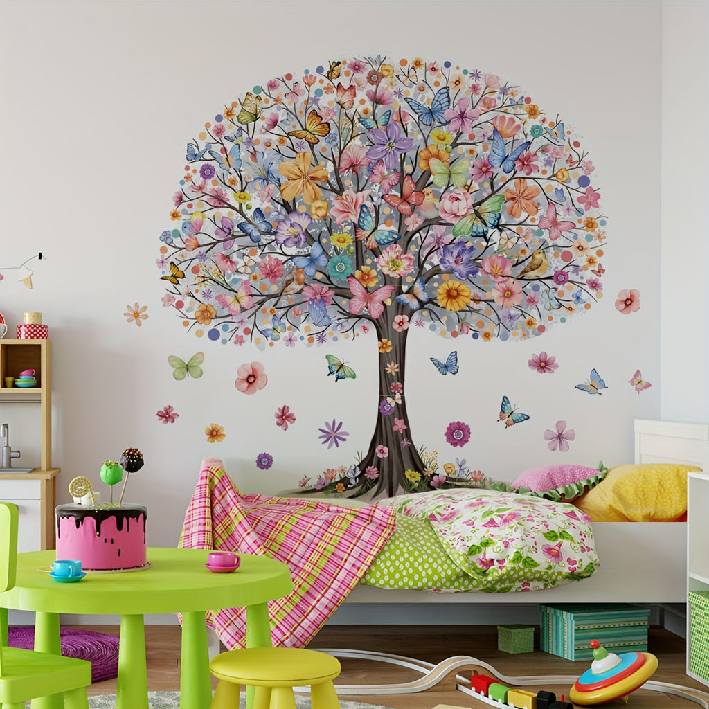 A set of 4pcs 11.81*35.43inch*4pcs hand-painted creative large butterfly floral tree background wall stickers for bedroom, living room decoration wall stickers, self-adhesive removable wall stickers MS8771-KL