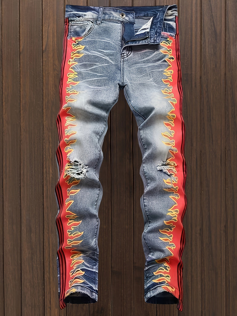 Men's Slim Fit Stretch Denim Jeans with Fire Print - Casual, Machine Washable, All-Season