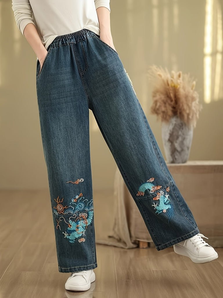 Casual Dragon Embroidery Baggy Jeans For Women - Soft, Comfortable, Versatile, Flattering And Casual Straight Leg Baggy Pants For Everyday Wear, Practical Pockets