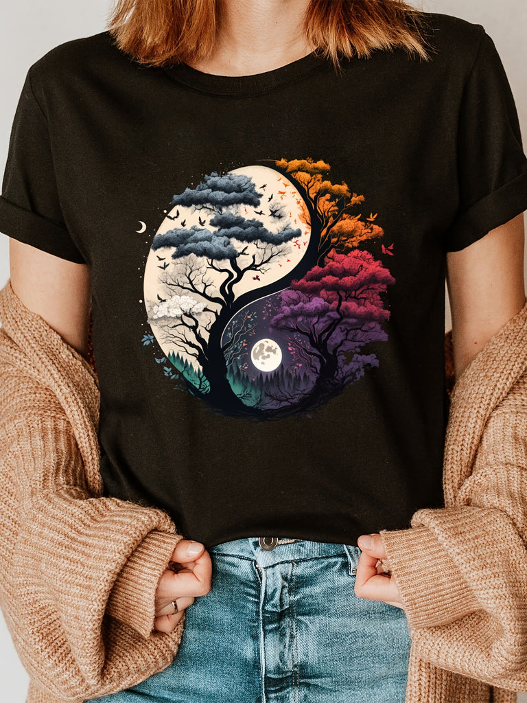 Women's Casual Tree of Life Graphic Tee - Short Sleeve, Crew Neck, Breathable Rayon Blend Top for Spring & Summer, Leisure Style, ALL/Global/All