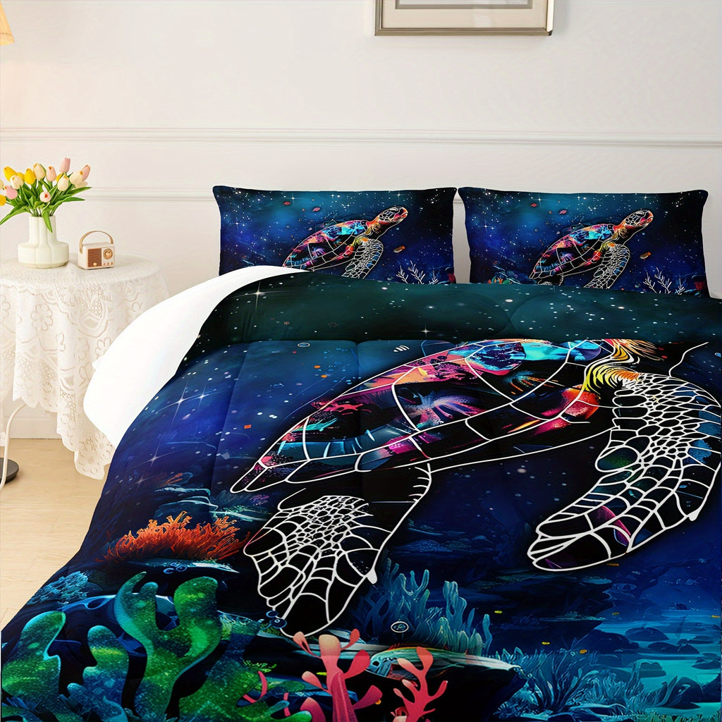 Sea Turtle Comforter, Ocean Theme Bedding Set, 3Pcs Modern Fashion Polyester Quilt