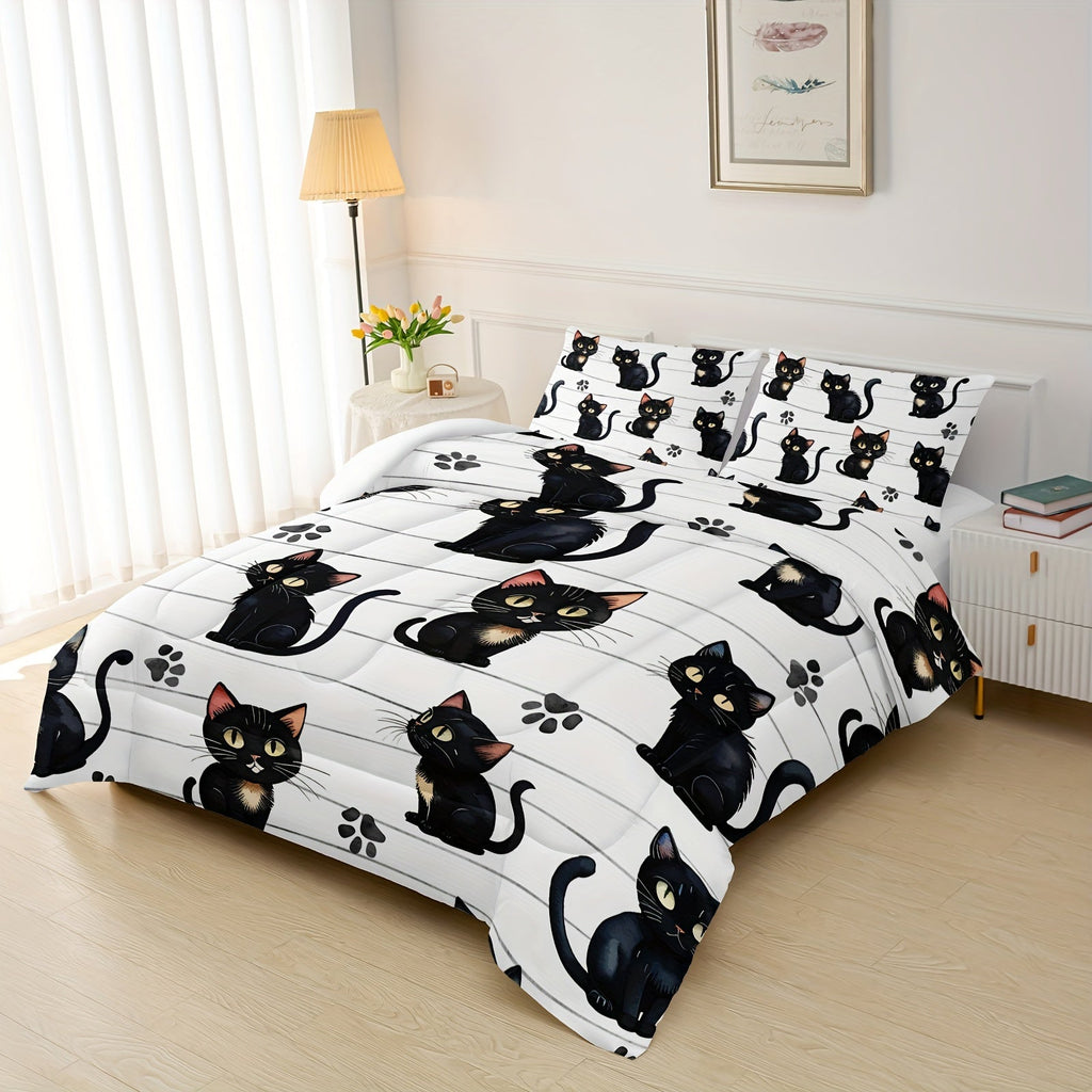 Kawaii Cute Cat Print Duvet, All Season Bedding Set For Bedroom Bed Decor, Animal Cute Comforter Set - 1 Comforter With 2 Pillowcases